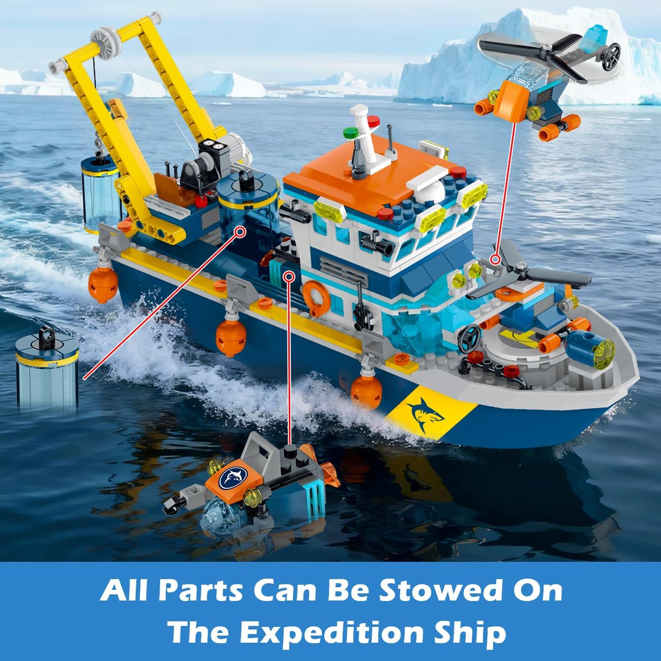 The HOGOKIDS Arctic Explorer Ship with its helicopter, submarine, and shark cage accessories shown stowed on the vessel.