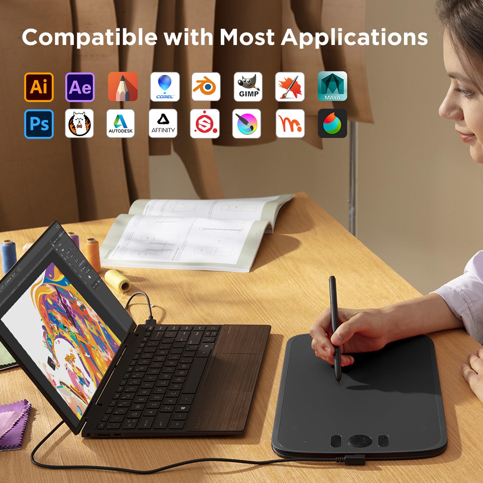 ugee M808 10 x 6.25 Inch Large Graphic Tablet for PC, Drawing Tablet with 8 Shortcut Buttons, Battery-Free Pen of the New Generation