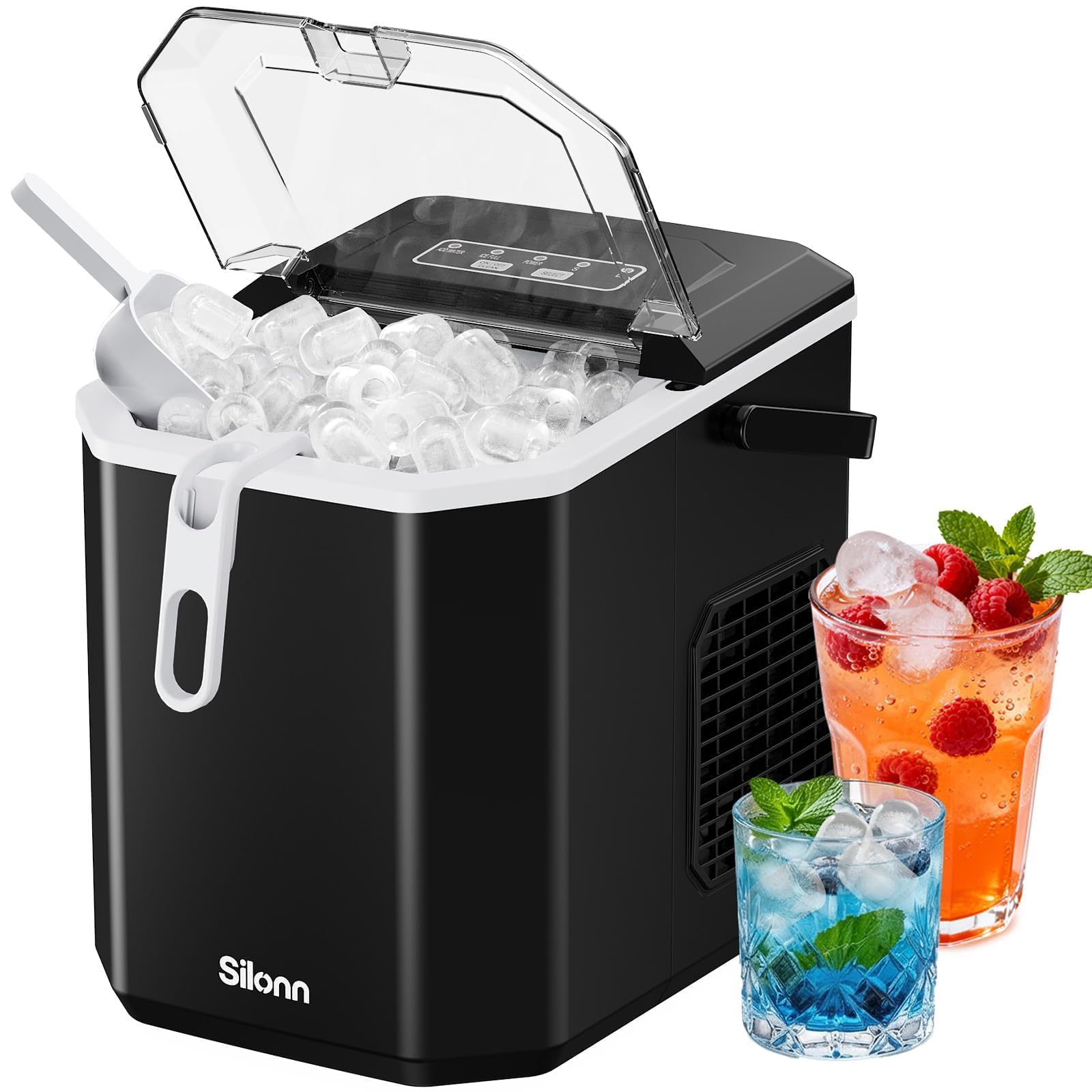 Silonn Eiswürfelmaschine mit Griff-Eiswürfelkorb – Tragbar & Selbstreinigend, Mini Ice Maker 9 Eiswürfel/6 Min. 12 KG/Tag, Eiswürfel einfach entnehmen und überall nutzen