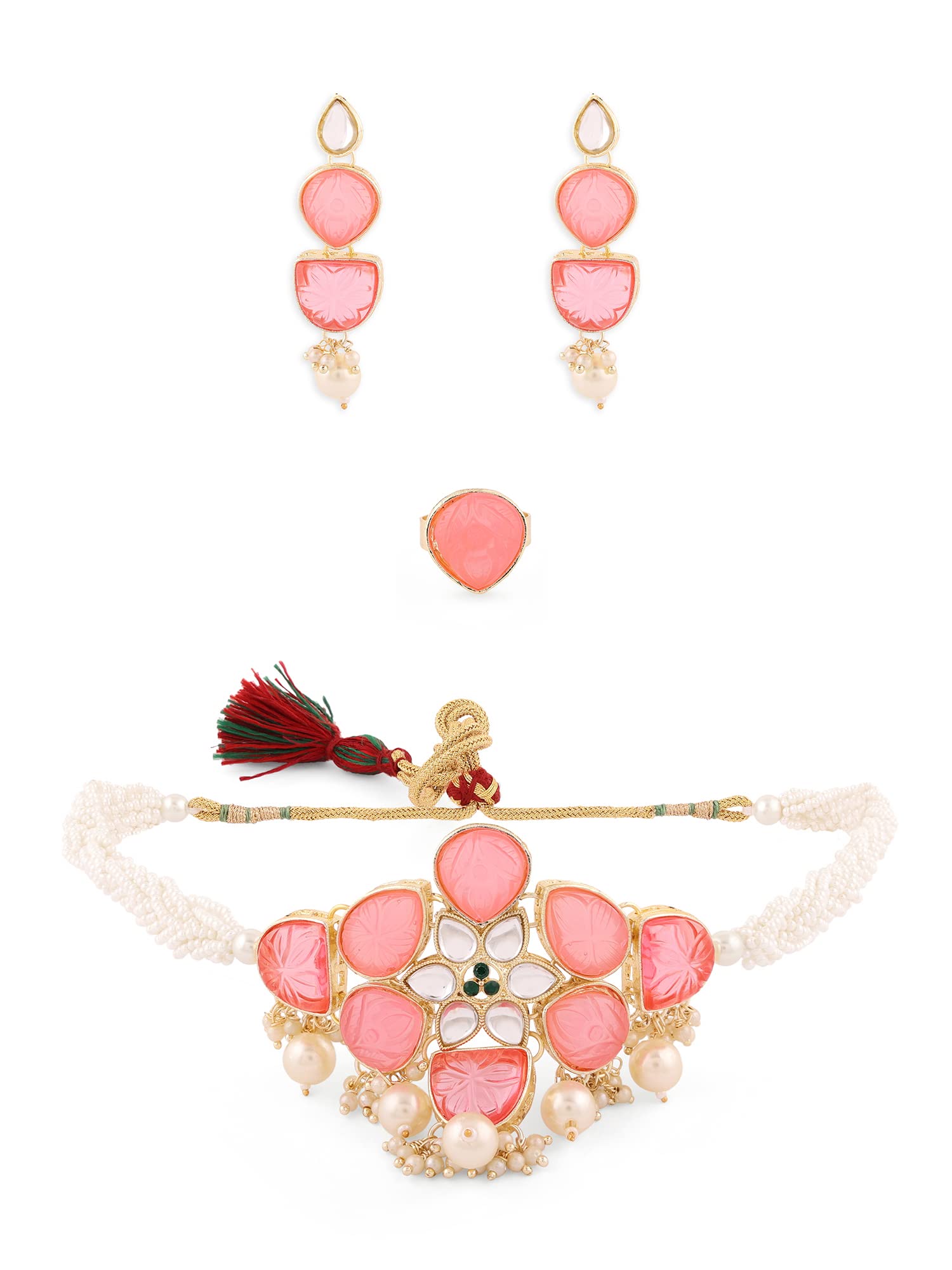 ZAVERI PEARLS Pink Flower Stones Ethnic Pearl Choker Necklace Earring & Ring Set For Women-ZPFK14630 (B0BCGPCTX9) Amazon Price History, Amazon Price Tracker