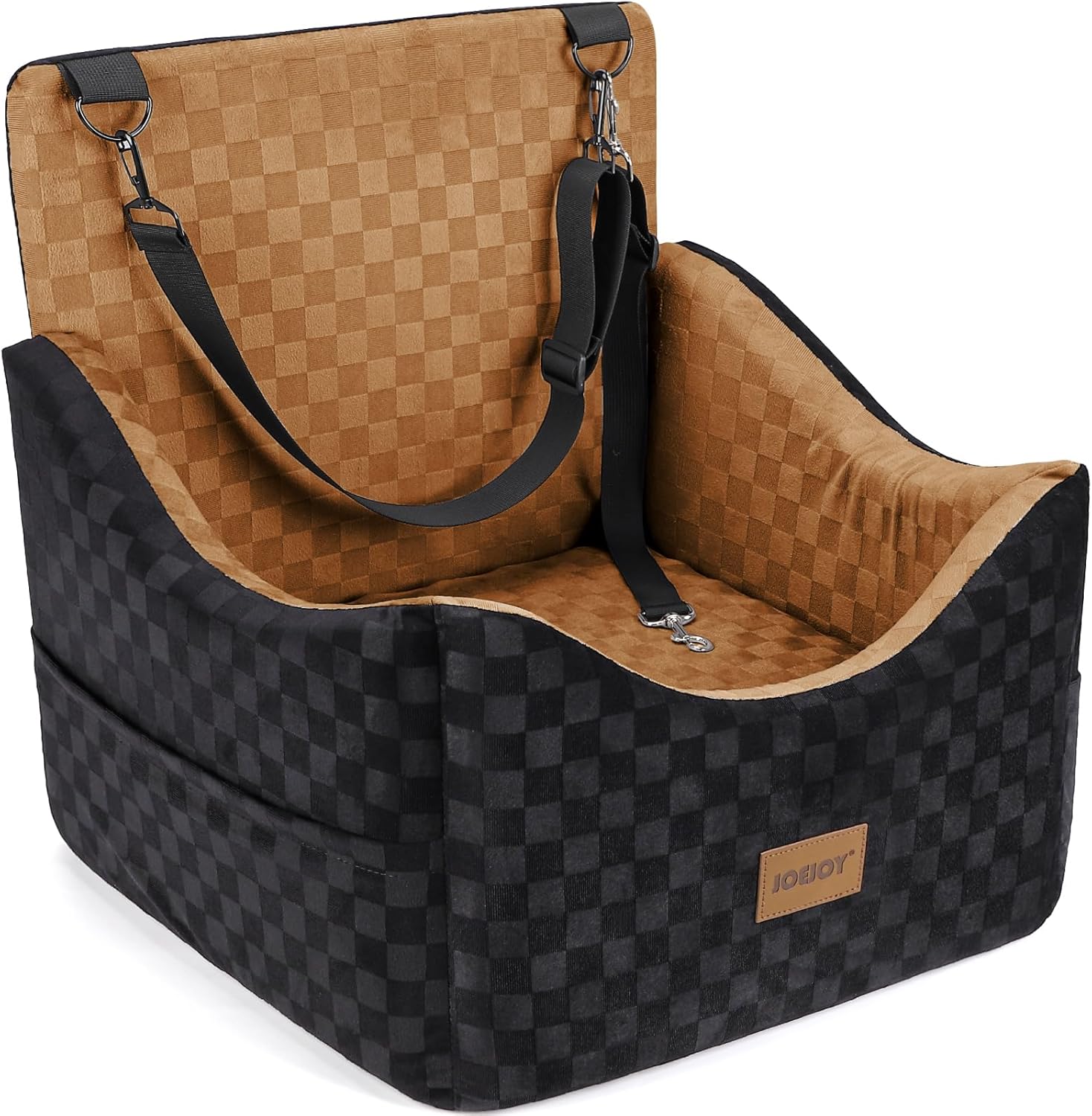 JOEJOY Elevated Dog Car Seat for Small/Medium Dogs up to 35 lbs, Memory Foam Pet Booster Seat with Detachable Washable Cover, Portable Travel-Safe Bed for Cars with Safety Belts and Storage Pockets Brown