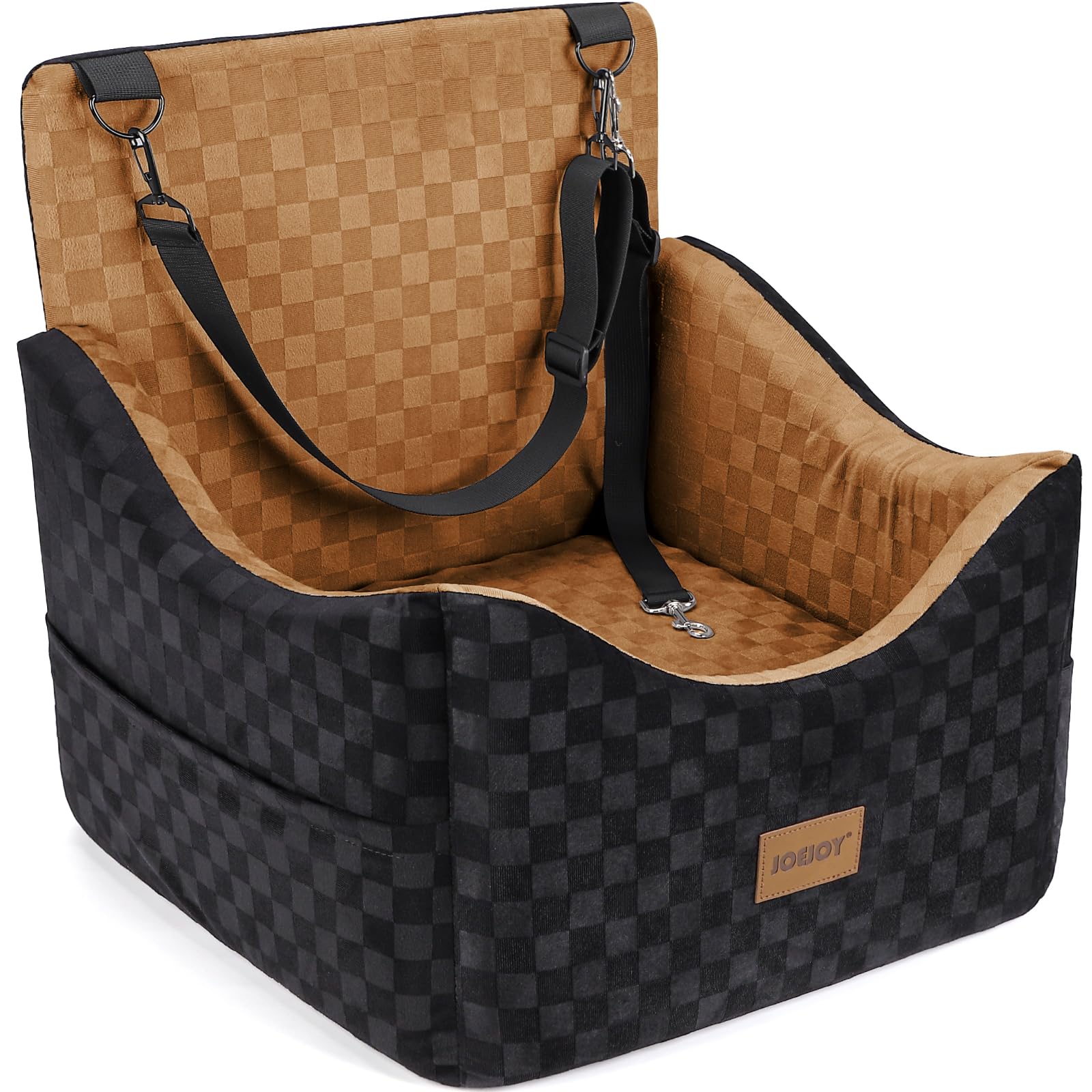 JOEJOY Seggiolino auto per cani di piccola e media taglia, lavabile, con imbottitura in memory foam ispessita, per sedile posteriore, sedile anteriore con cintura di sicurezza regolabile, marrone