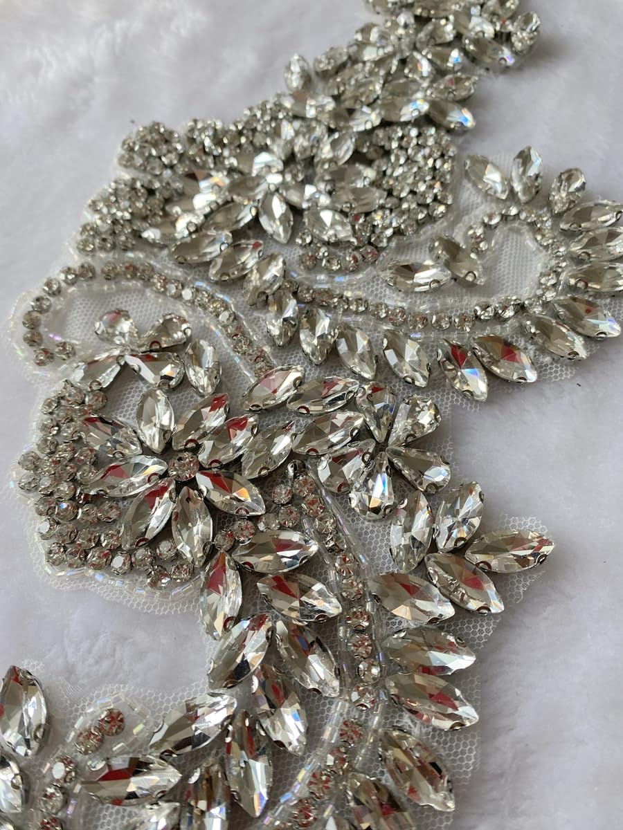 Handmade Rhinestone Applique Decorative Mesh Patch Corset Accessories are Suitable for Wedding Dresses 1 Pair/Set 4.7X15.7inches (Silver)