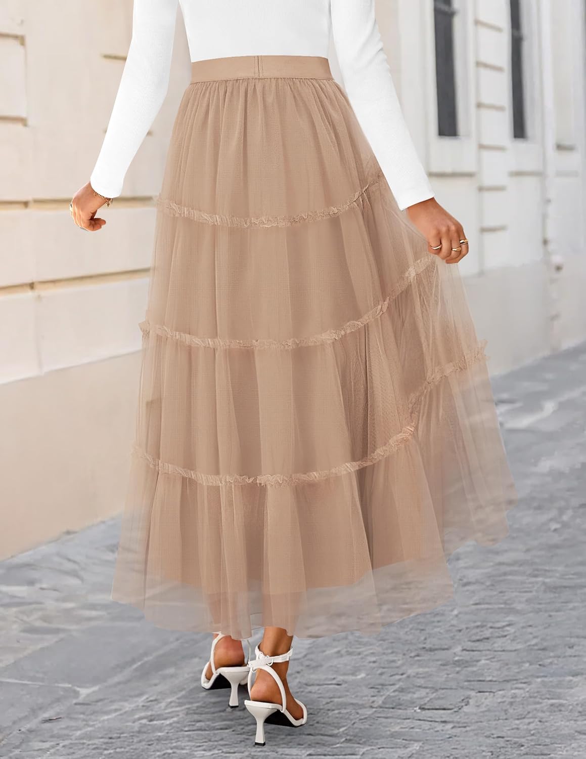 ZESICA Women's Tulle Maxi Skirt A-Line Flowy Ruffle Tiered Elastic High Waist 2026 Fall Trendy Midi Long Skirts - Image 3