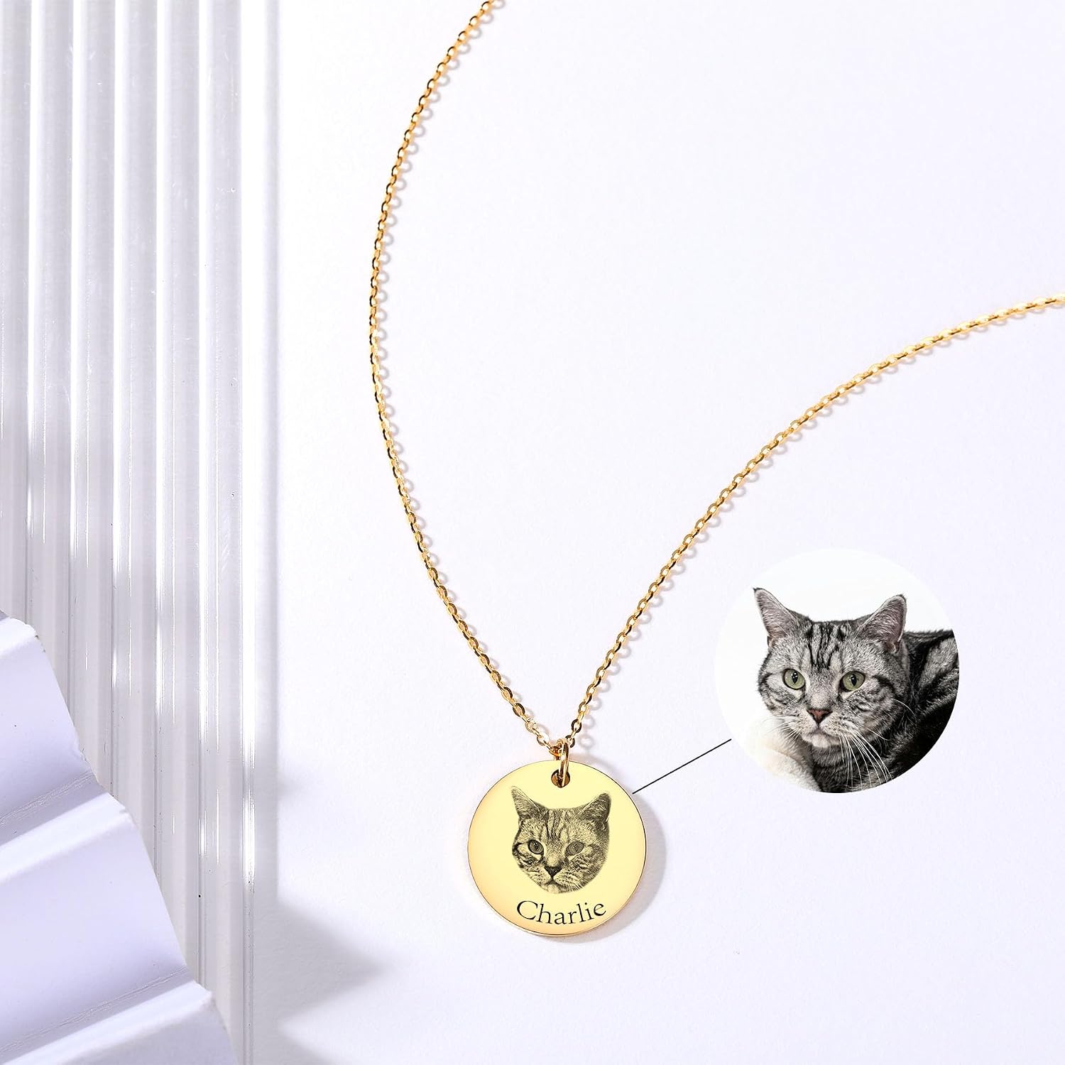 MeMeDIY Personalized Pet Mom Gifts Custom Pet Portrait Necklace with Engraved Pet Sketch/Color Photo Personalized Dog Cat Necklace for Animal Lover