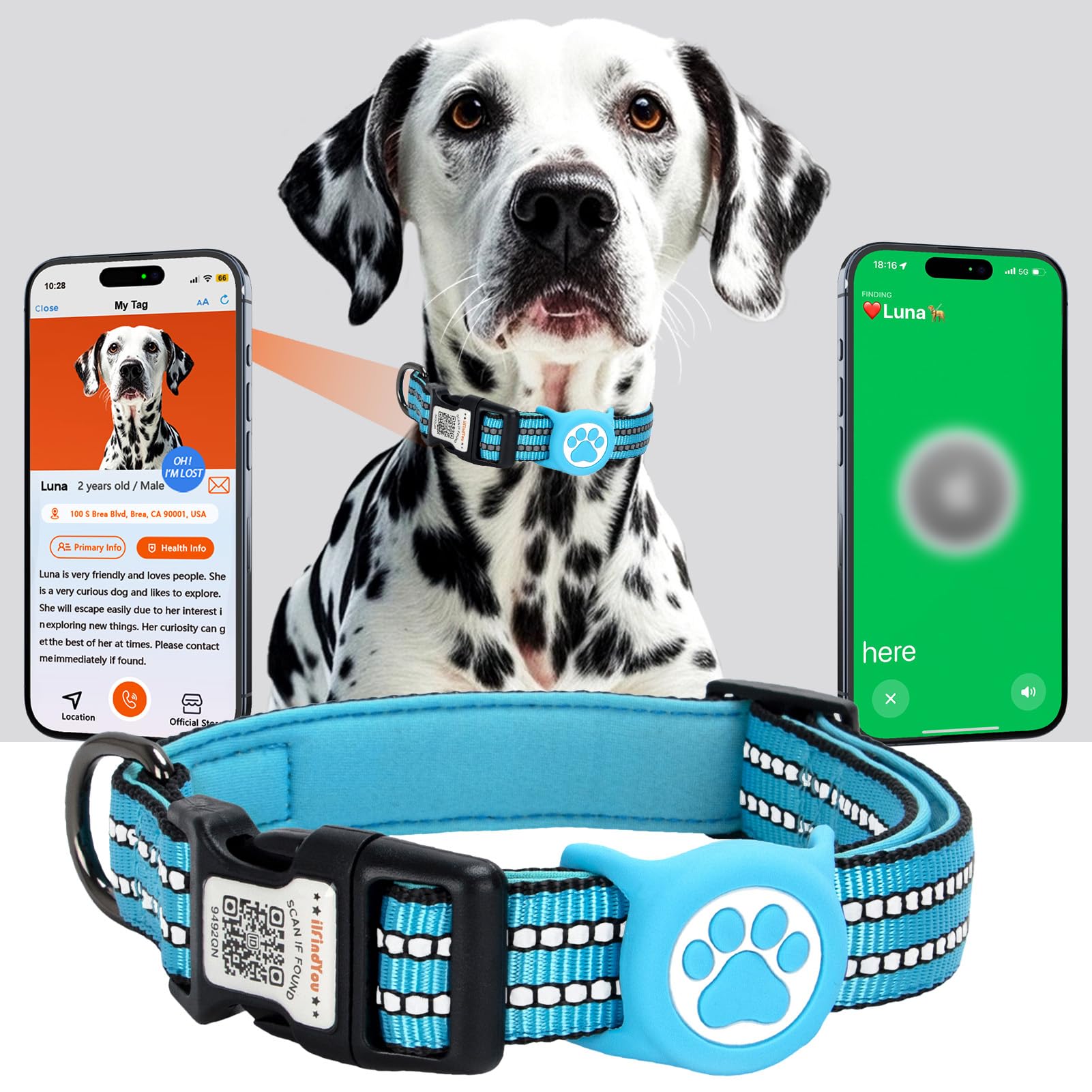 ilFindYou AirTag Dog Collar for Large Dogs, IP68 Waterproof Air Tag Dog Collar with Apple AirTag Holder, Reflective, QR Code Personalized Dog Tags(