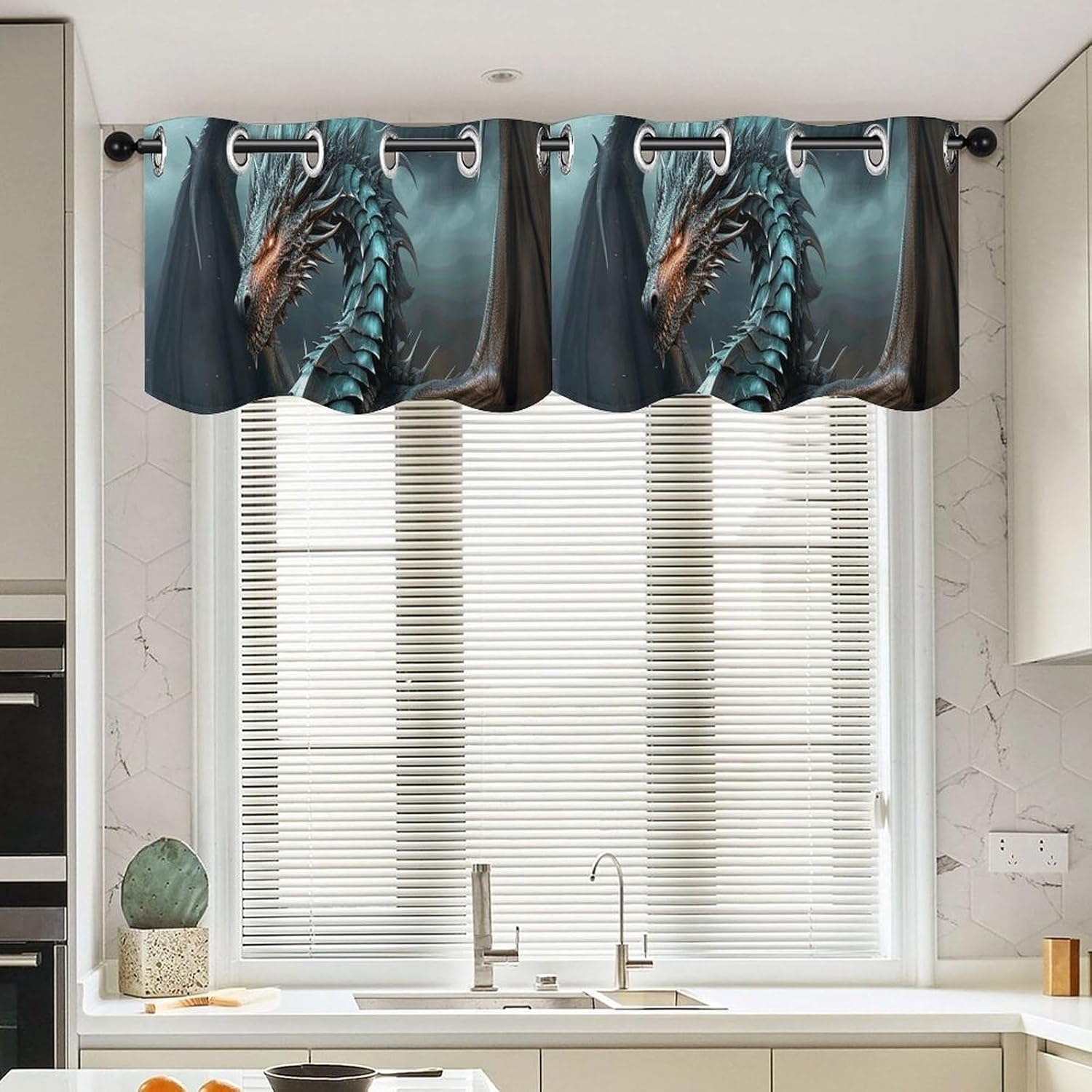 Cool Dragon Valance for Windows, 2 Pack Kitchen Curtains Modern Home Decor, Soft Blackout Window Curtains for Living Room & Bedroom, 18 X 52 Inch