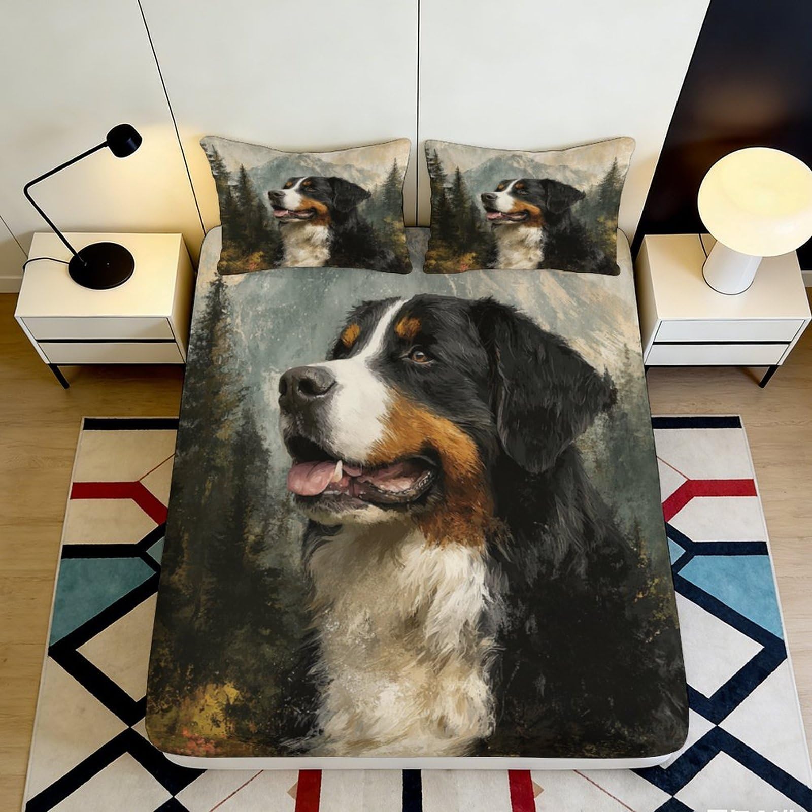 3D Printed Bernese Mountain Dog Fitted Sheet Microfiber Soft Decorative Dog Portrait Bed Cover for Bedroom Guest Room 90x200x25cm