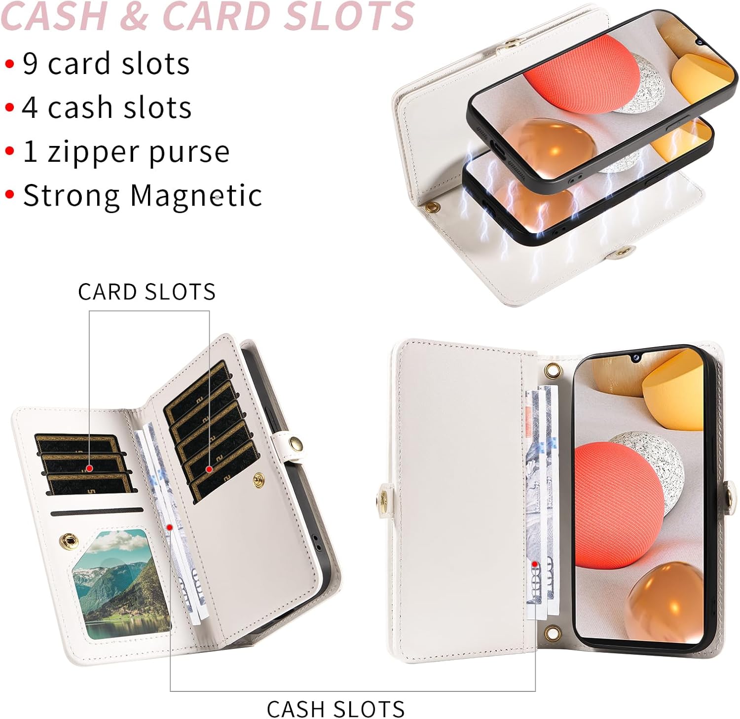 Asuwish Phone Case for Samsung Galaxy A42 5G Zipper Wallet Detachable Cell Cover with Tempered Glass Screen Protector Crossbody Strap Bling Flip Credit Card Holder A 42 G5 42A S42 4G 2021 Women White