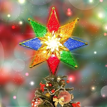 Star Christmas Tree Topper, 8-Point Double-Sided Star Xmas Tree Topper with 10 Multicolour Lights, 120V UL Certified Tree top for Christmas Tree Ornament Party Home Decor