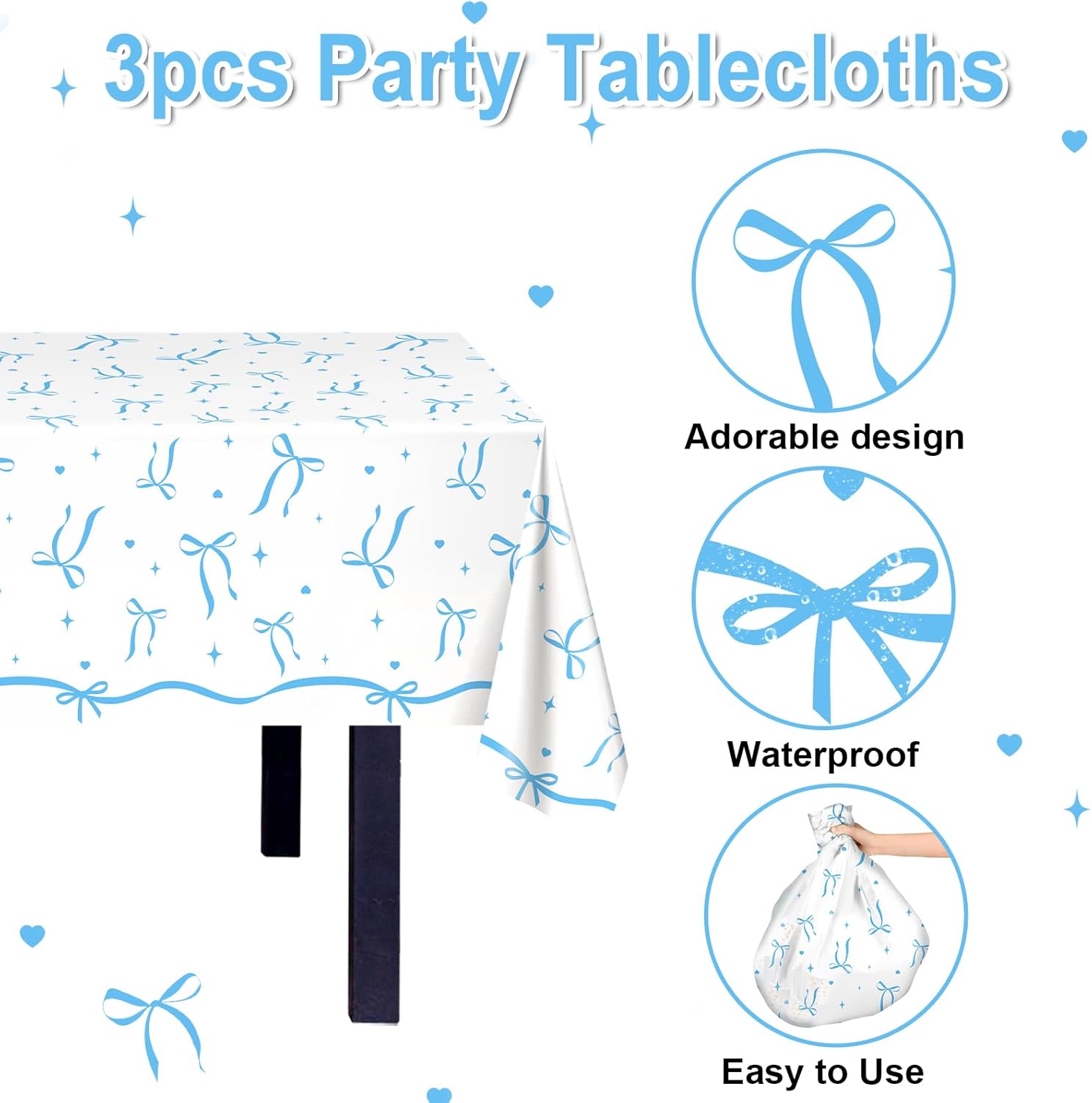 Avezano 3 pcs Blue Bow Tablecloths 108x54 inch Bow Birthday Decorations Blue Coquette Bow Plastic Table Cover Disposable Bachelorette Party Supplies