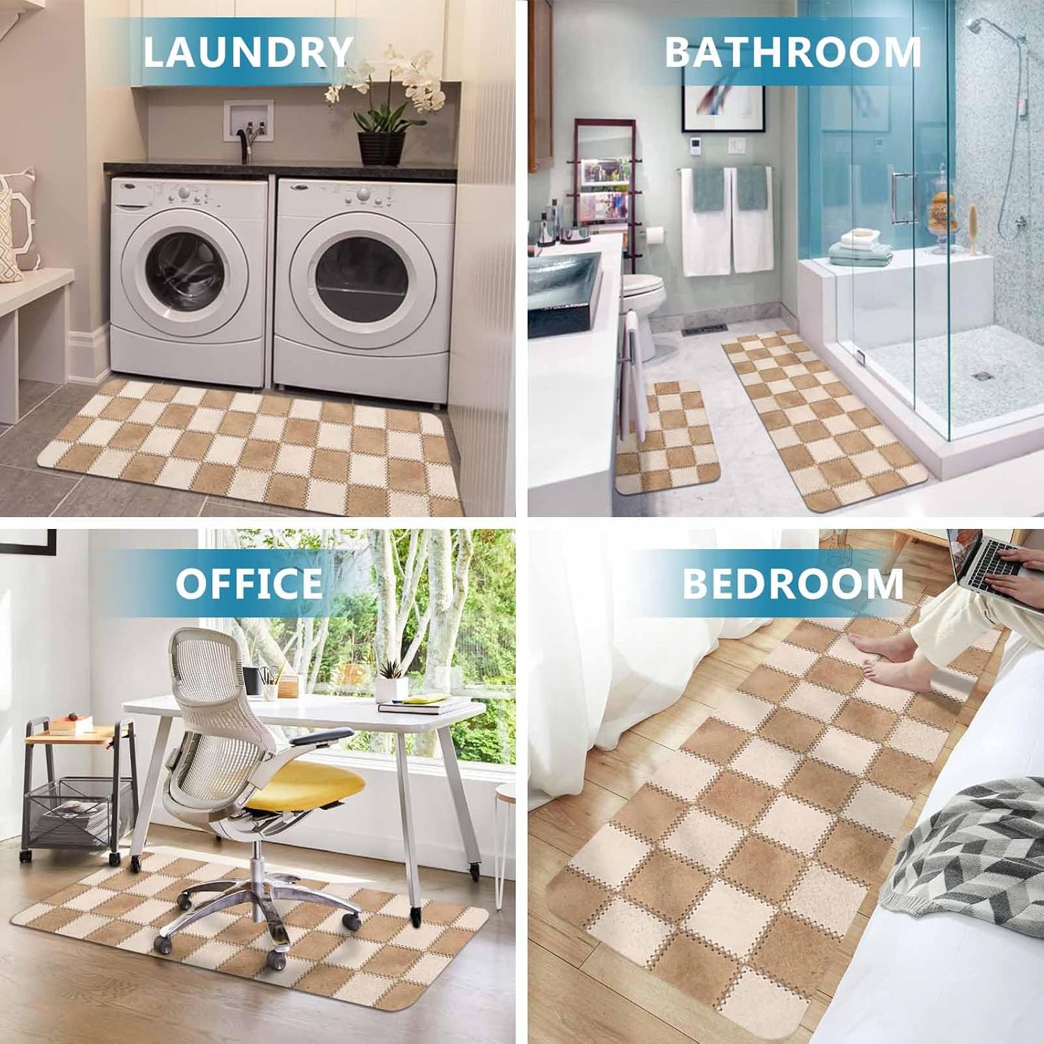 Abstract Beige Patchwork Kitchen Mat Set 2 Pieces Country Farmhouse Boho Brown Plaid Non Slip Kitchen Rugs Washable Runner Rug Mats for Floor Sink Laundry Office 15.7" x 23.6"+15.7" x 47.2"