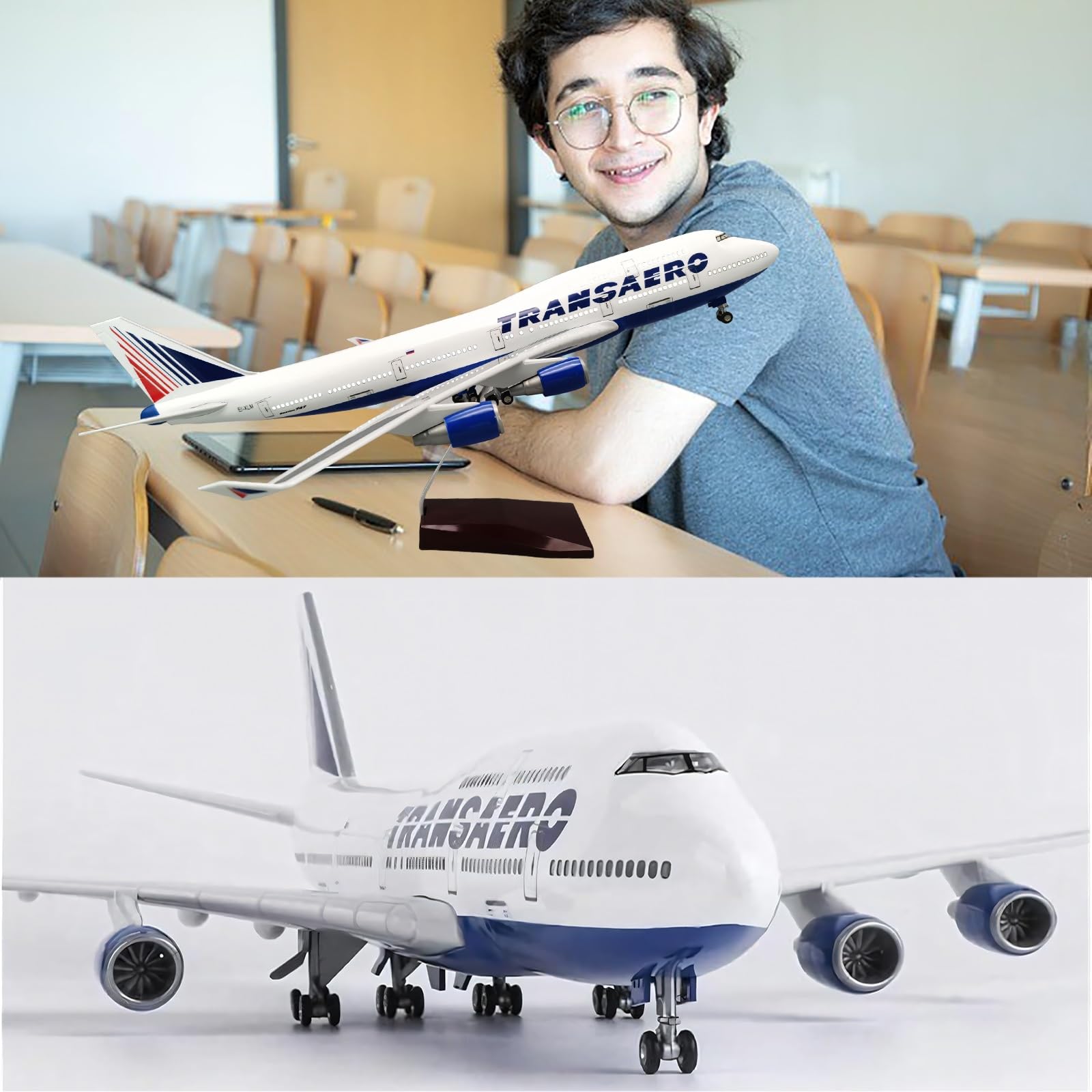 47CM 1:150 Russia Transaero Airlines B747 modello di aereo aereo macchina for pressofusione con luce e carrello di atterraggio ruote for appassionati aviazione, arredamento(With light)