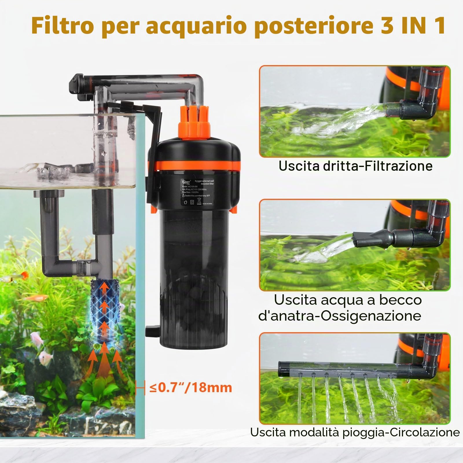 hygger Hang On Filtro Acquario, 380L/H 6W Silenzioso Fish Tank Filter con Ugello per Anatra Uscita Tubo Doccia Flusso Acqua Regolabile Aquarium External Filter per Serbatoio da 40-75L Tank