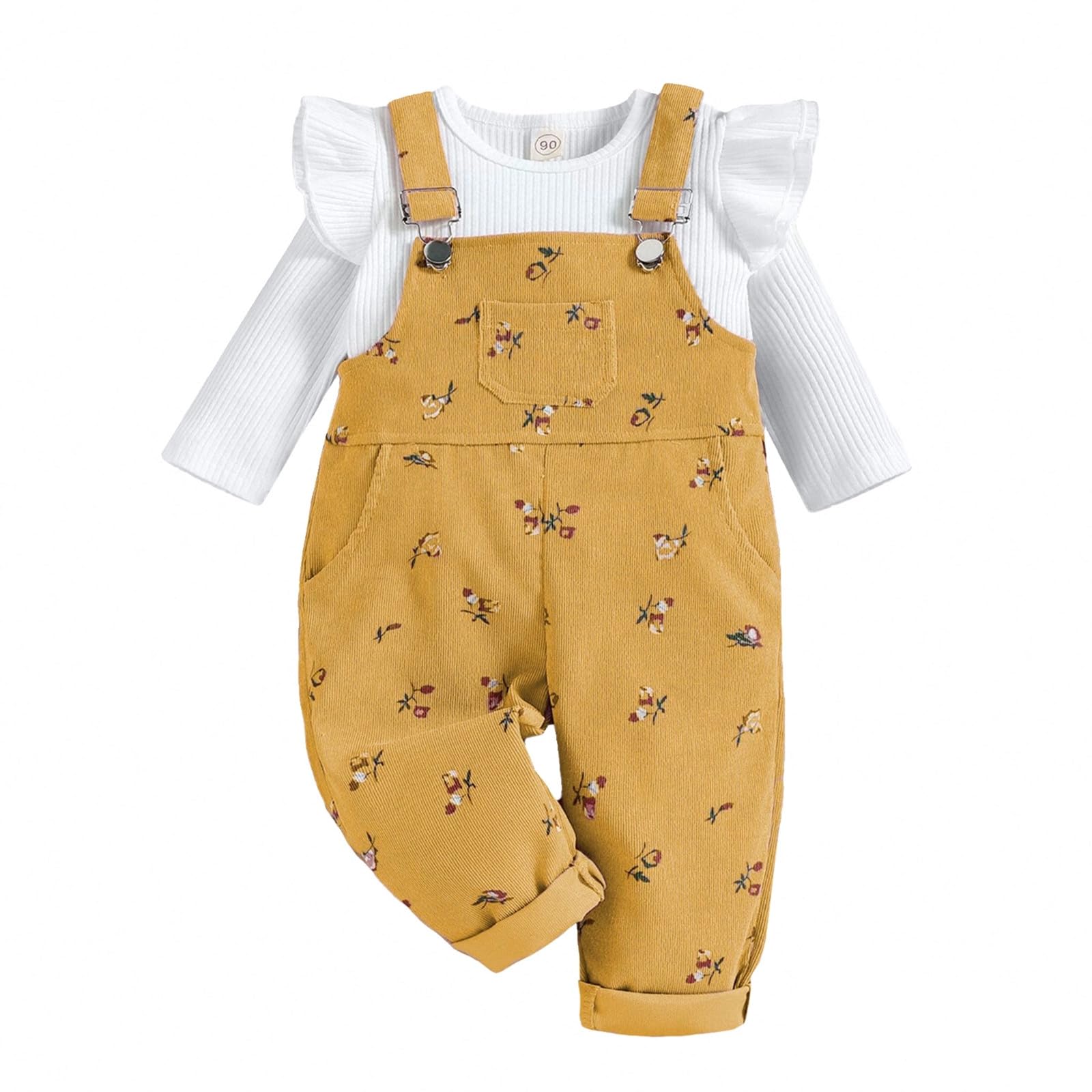 UUAISSO Baby Mädchen Kleidung Rippstrick Langärmelig Oberteile Blumenmuster Hosenträgerhose mit Tasche Outfits Sets