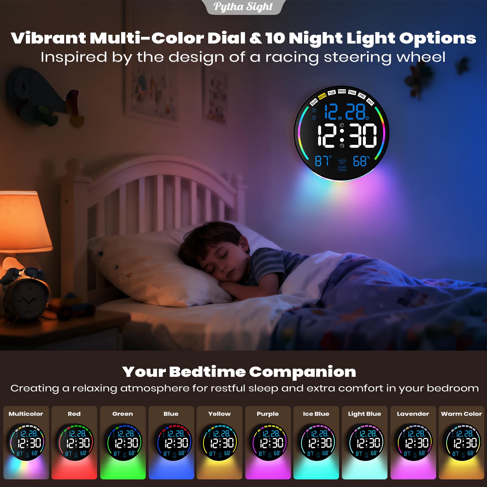 Horloge Murale numérique 26 cm LED Grand écran, Horloge Murale numérique avec 10 Couleurs RVB, Doubles alarmes, 10 Niveaux de luminosité, Voiture DST, minuterie pour Compte à rebours/Jour pour