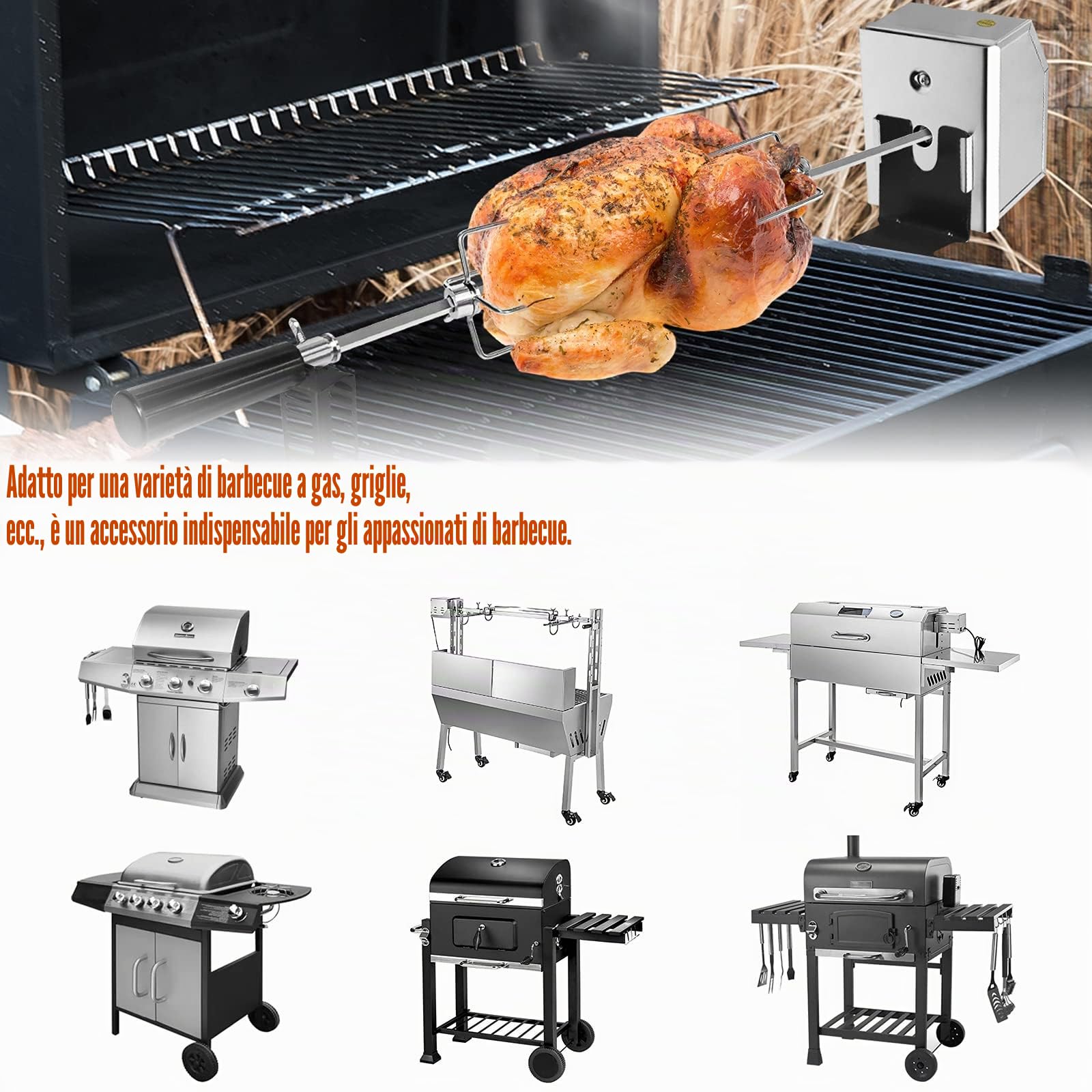 ACXIN Set spiedi elettrici in acciaio inox, 107 cm, motore, spilli da carne, spiedo girevole, griglia 2 forchette, per campeggio, feste, giardino, picnic (220-240V)