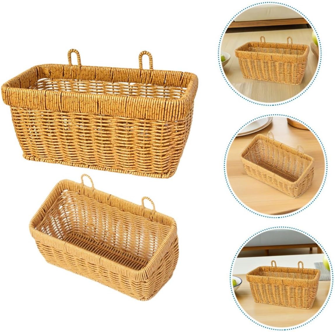 2pcs Kitchen Hanging Woven Basket Set, Imitation Rattan Wall Mounted Organizer for Vegetables, Fruits, Garlic, Ginger, and Eggs, Plastic Storage Bins for Kitchen Pantry