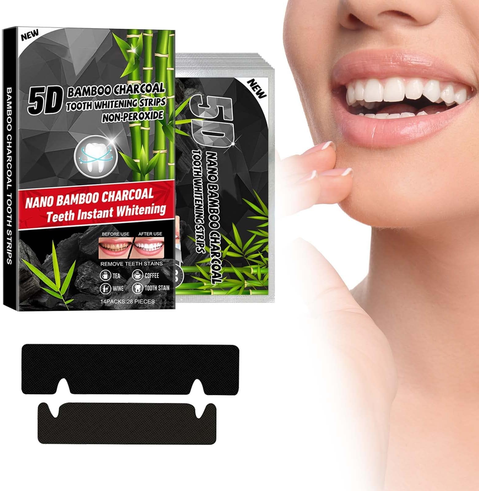 FDTY 14 Sets Teeth Whitening Strips, Non-Sensitive Formula Peroxide Free with Bamboo Charcoal Teeth Whitening Kit, Effective Remove Teeth Stain and Keep Gum Health Home Use Treatments for Teeth Care