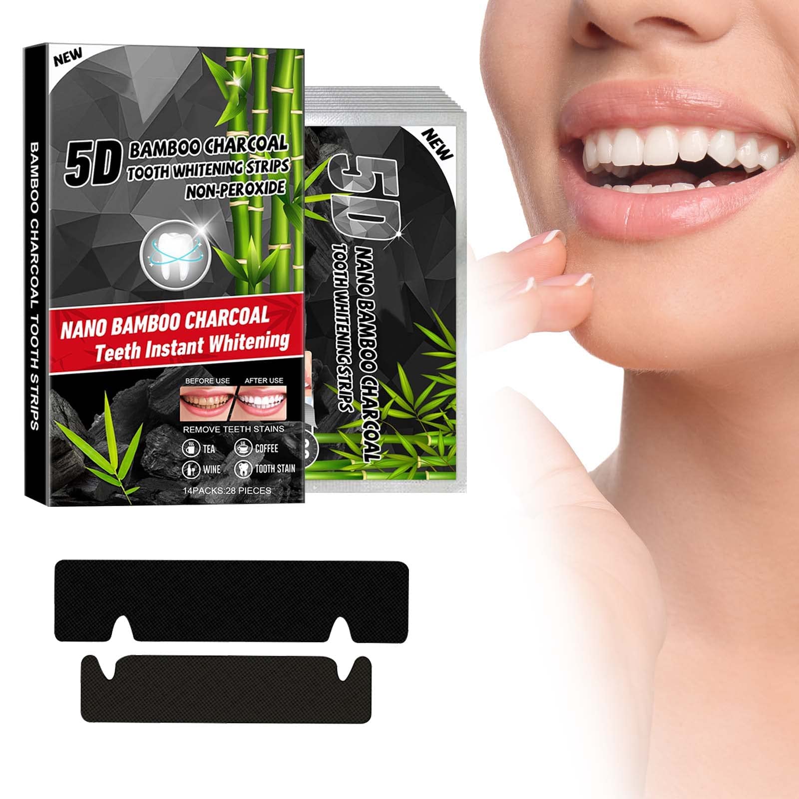 FDTY 14 Sets Teeth Whitening Strips, Non-Sensitive Formula Peroxide Free with Bamboo Charcoal Teeth Whitening Kit, Effective Remove Teeth Stain and Keep Gum Health Home Use Treatments for Teeth Care
