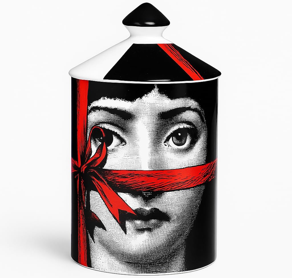 AlphaDesignLuxe Handcrafted Italian Candle Holder Modern Art Vase with Female Face Design, Elegant Aromatherapy Jar for Tabletop Decor, Ceramic Material (Red Lace)