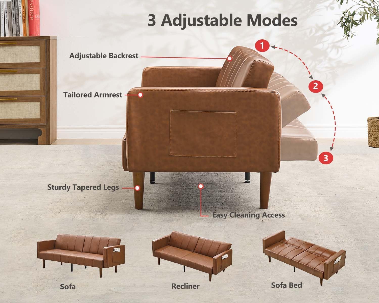 75" Convertible Futon Sofa Bed, Mid-Century Modern PU Leather Couch with Adjustable Backrest, Sleeper Loveseat with Side Pockets, Easy Assembly for Living Room & Guest Room (Brown)