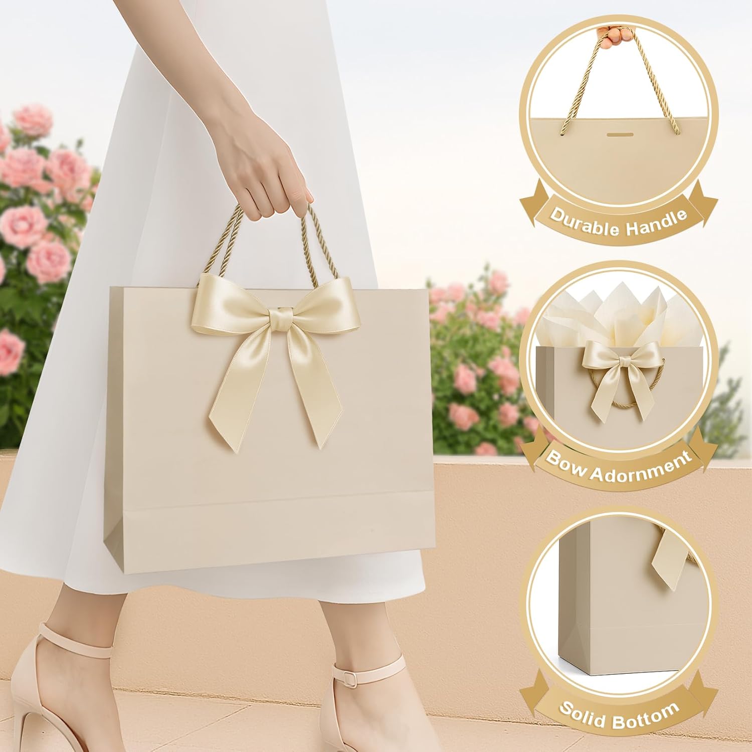 ANZNKU 2PCS Gift Bags, Paper Gift Bags with Handles 2 Ribbon 4 Tissue Paper 2 Cards, Medium Gifts Wrap Bag for Women & Men Valentine, Baby & Bridal Shower, Birthday, Wedding, Party Favors (Beige+Gray) - Image 4