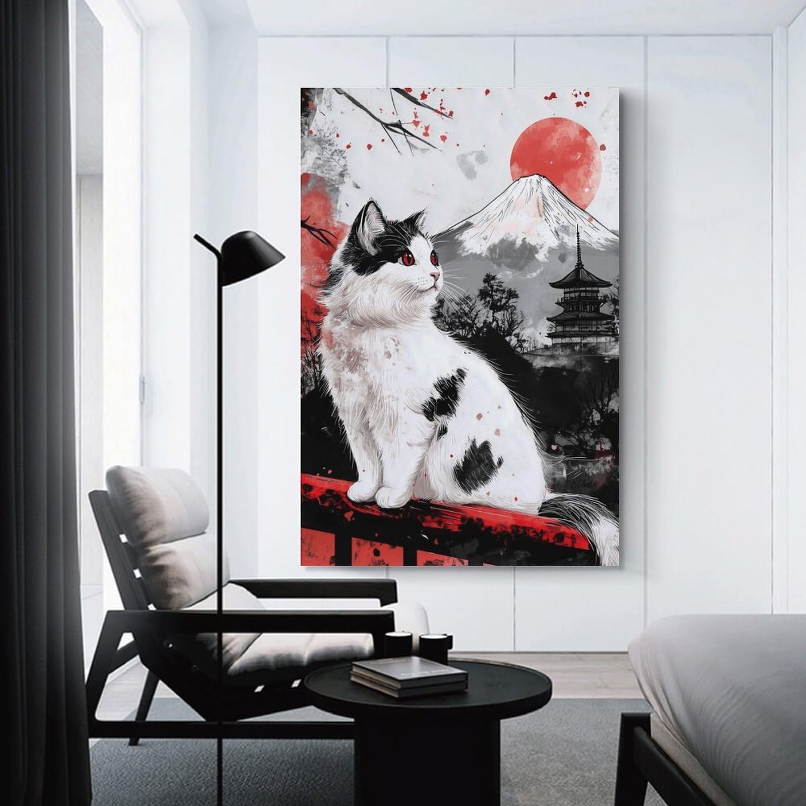 Junmoney Home Decor Wall Art Japanese Cat Fuji Mountain, 24x36inch(60x90cm), for New Homes, Bedrooms Or Workspaces, Home Decor Gift with Stylish Appeal