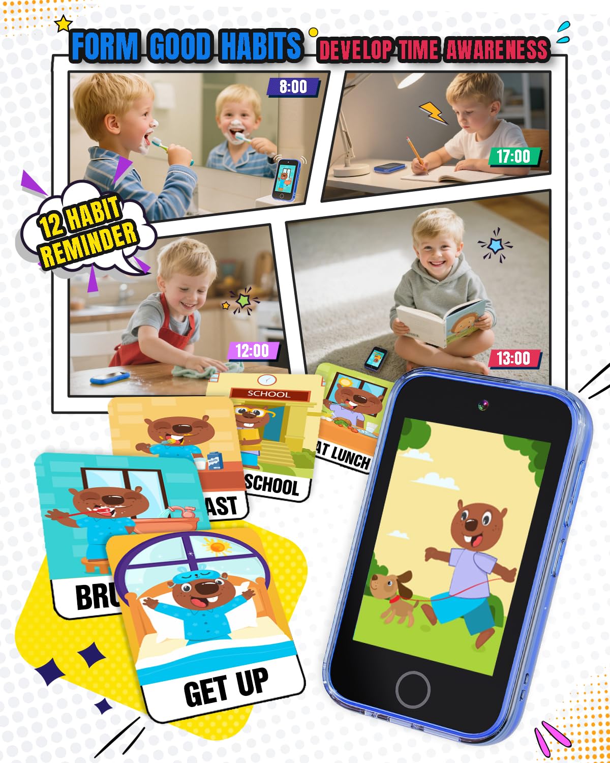 Byserten Smartphone per bambini, touch screen da 3,5 pollici con doppia fotocamera, giocattoli educativi per l'apprendimento per bambini dai 3 ai 10 anni, regali di compleanno di Natale