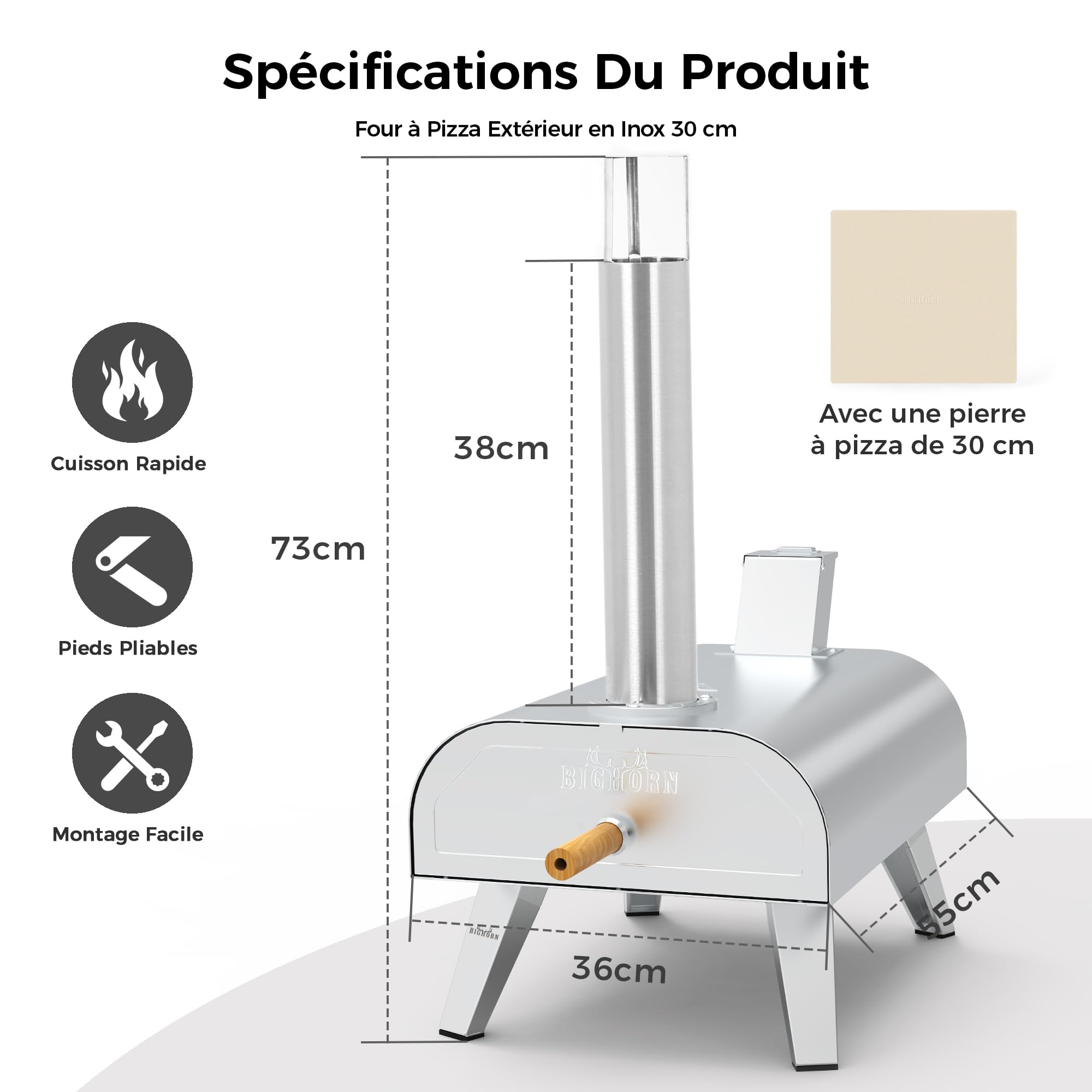 BIG HORN OUTDOORS Four à pizza à granulés de bois 30,5 cm - Acier inoxydable - Portable - Argenté