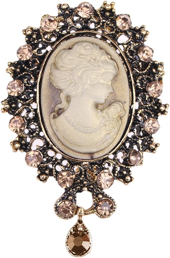 Vintage Elegant Victorian Lady Beauty Cameo with Crystal Brooch Pin (br000017)