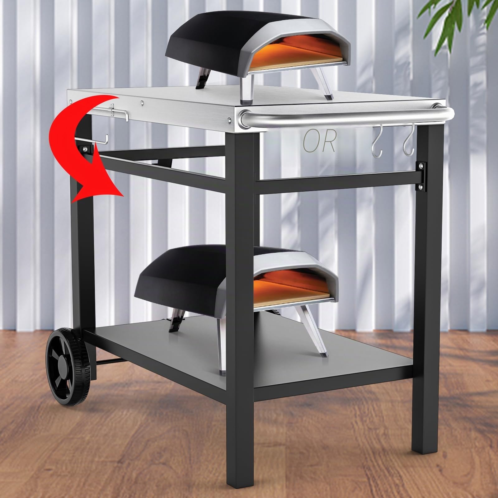 GFTIME Table de Barbecue en Acier Inoxydable avec 2 étages, Support de Four à Pizza, Table de Barbecue pour l'extérieur, Chariot de Travail avec 5 Crochets, Chariot de Service extérieur, Table