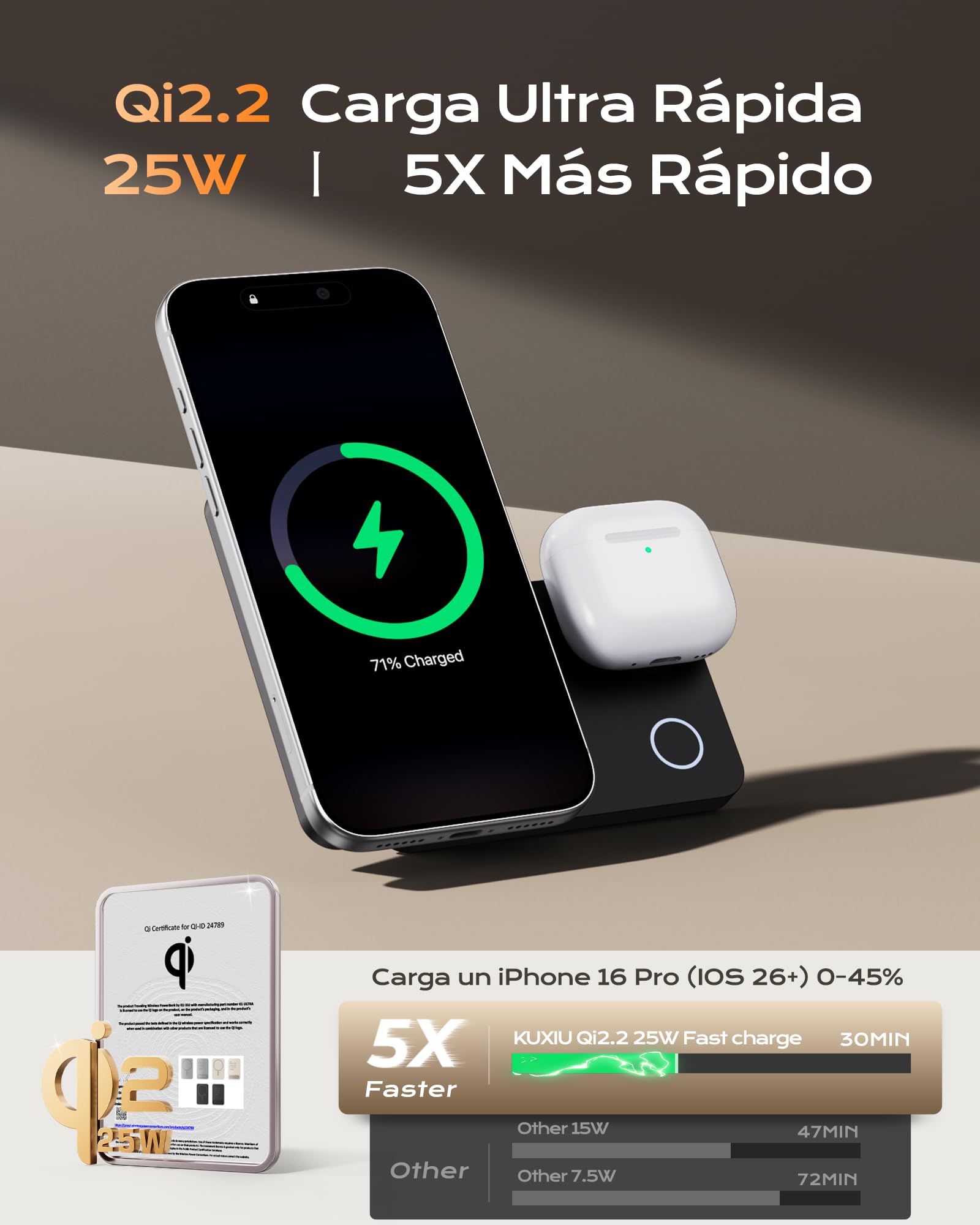 KU XIU Qi2.2 25W Magnético Power Bank 10000mAh para iPhone y Apple Watch | 3-in-1 Bateria Externa con Soporte, Compatible con Magsafe, 30W USB-C Carga Rapida, para iPhone & iWatch & Airpods, Negro