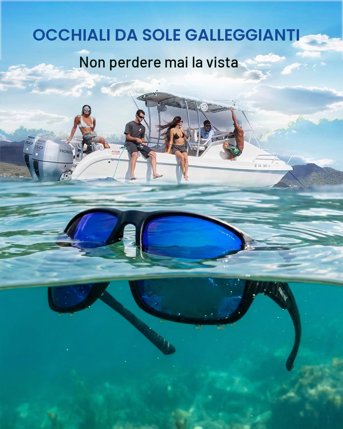 maivnz Occhiali da sole polarizzati per uomo, pesca, galleggianti, leggeri, protezione UV, kayak, surf, sport acquatici, Montatura Nera Blu Revo, conventional