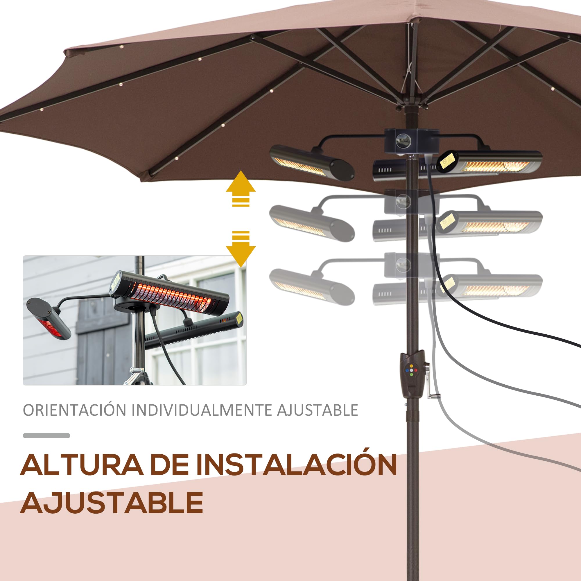 Outsunny Calefactor Eléctrico de Exterior 1000W/2000W/3000W IPX5 12 m² | Estufa de Infrarrojos, 3 Niveles de Calor, Control Remoto, Aleación de Aluminio, para Sombrilla Gazebo Jardín