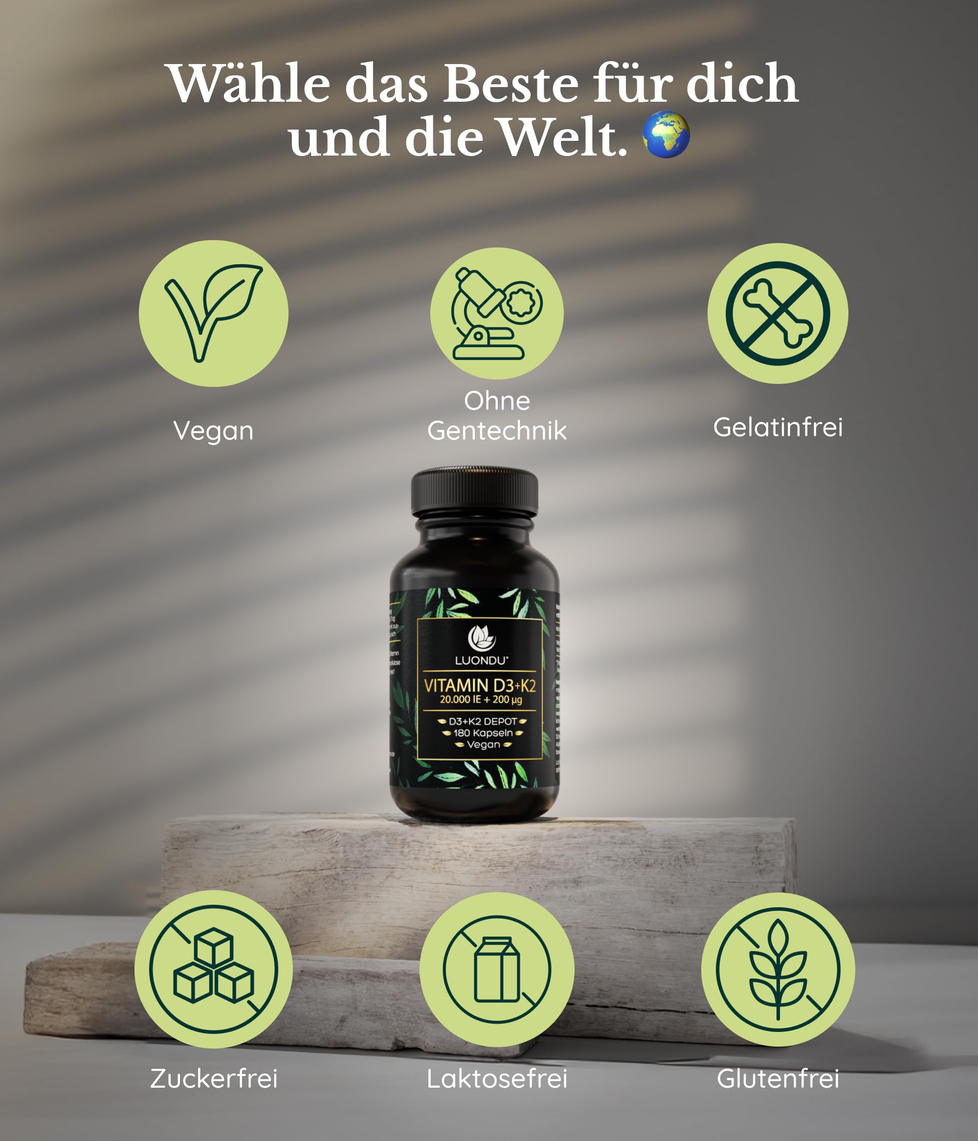 Luondu Vitamin D3 20.000 I.E + Vitamin K2 MK7 200 mcg (hochdosiert & vegan) | Ohne Zusätze, produziert in Deutschland (180 Kapseln) – Verpackung kann variieren