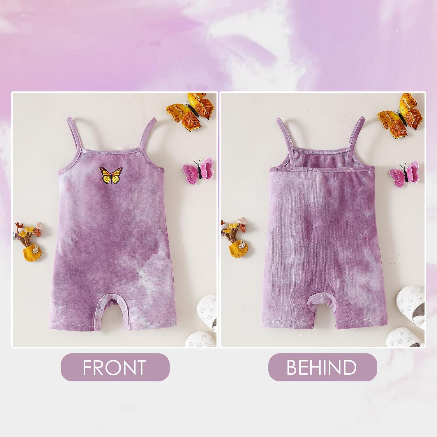 ROMPERINBOX Baby Girl Romper 2 Pack Sleeveless Spaghetti Strap Tie Dye Infant Jumpsuit Butterfly Summer Clothes 0-24 Months