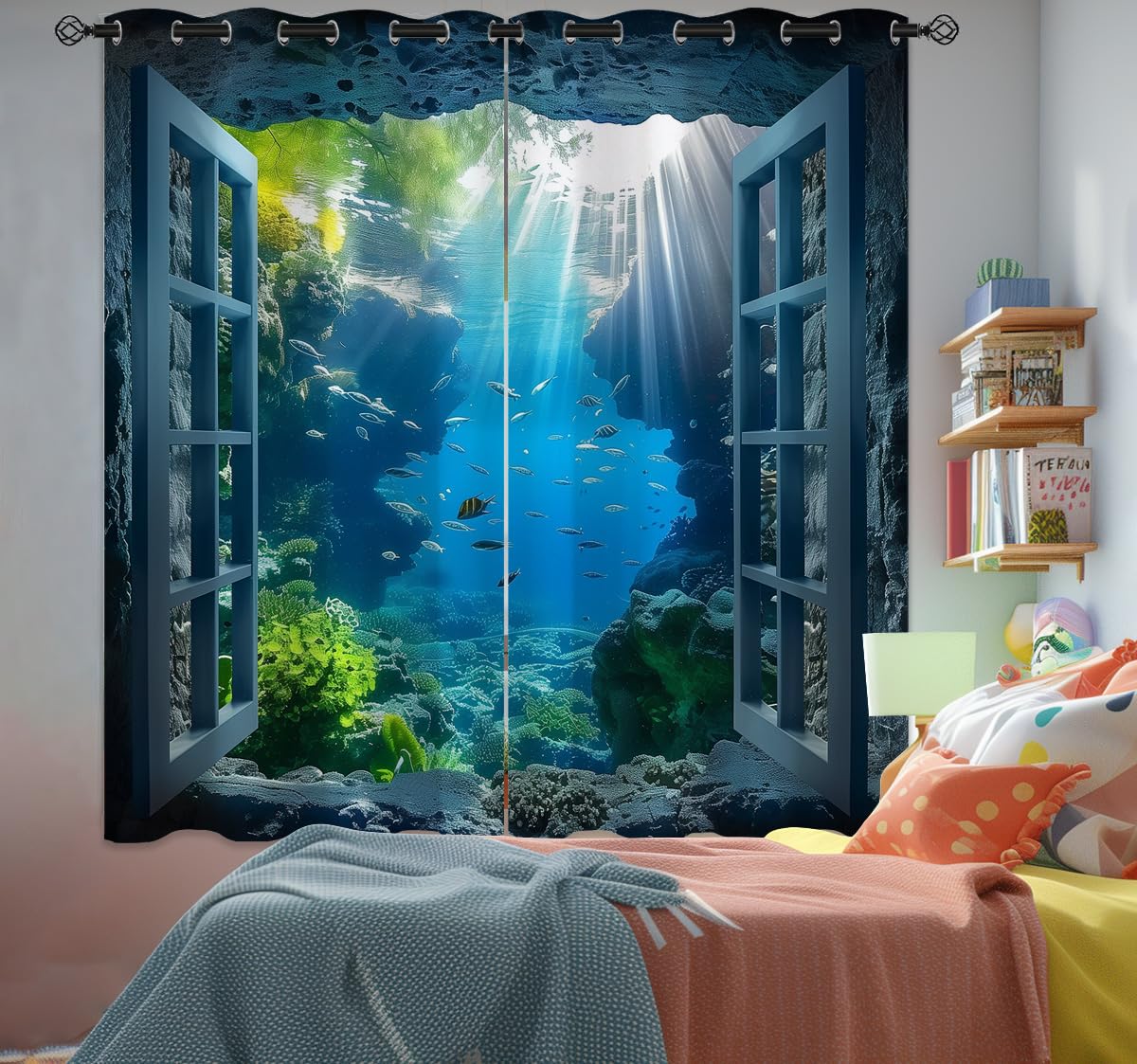 Naiice Ocean Fishs Blackout Curtains for Girls Boys Home Decor, Underwater Tropical Fish Undersea Coral Grommet Thermal Insulated Drapes Darkening Window Curtain for Bedroom Living Room, 42 x 63 Inch