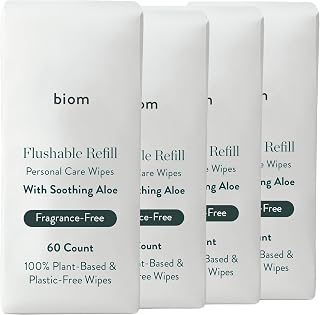 Biom Biodegradable Flushable Wipes 4-Pack Refill | Unscented BathroomWipe | Eco-Friendly Pack | Perfect for Home, Travel & Camping | Includes Refillable Dispenser | WetWipes for Adults | Butt Wipes