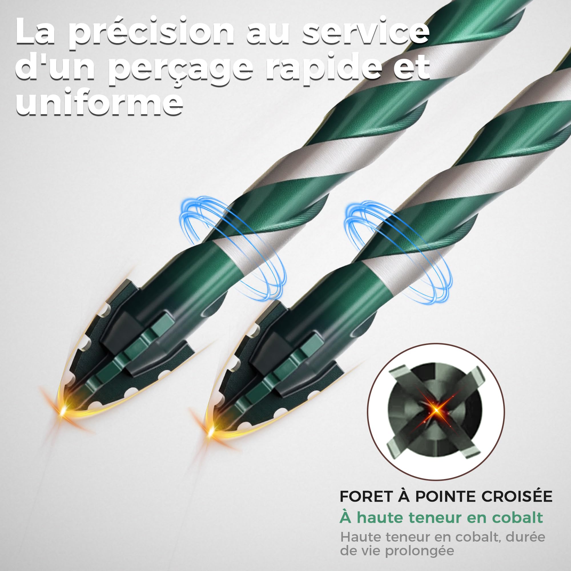 Lot de 10 forets excentriques à dents de scie à quatre tranchants avec cobalt, foret à pierre 3-12 mm, tige hexagonale de 6,3 mm, foret en carbure pour céramique, carrelage, métal, béton, verre vert