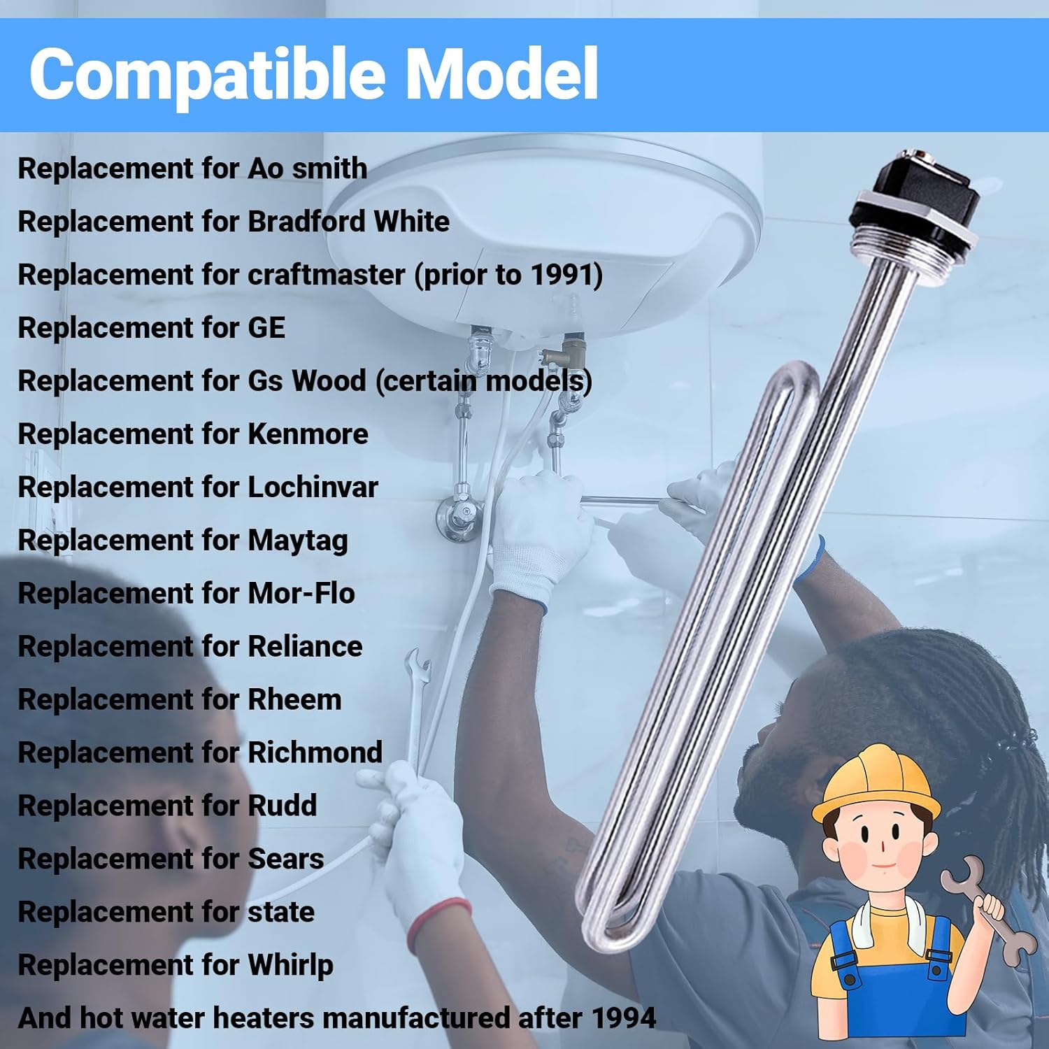Upgraded 02582 4500W 240V Foldback Heating Elements Screw-in Low Watt Density ，Compatible with AO Smith、GE、Kenmore、Maytag、Whirlpool，2 Pack，Replace AP3695897 1084673 AH951994 EA951994 PS951994