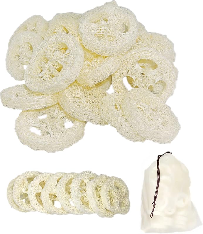 ENLAYER Buchas naturais de bucha vegetal, 25 unidades com bolsa para armazenamento