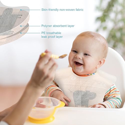 Miniatura 5 de Shinymoon 100 baberos desechables para bebé, envueltos individualmente, baberos de viaje, impermeables, atrapadores de alimentos para niños y niñas