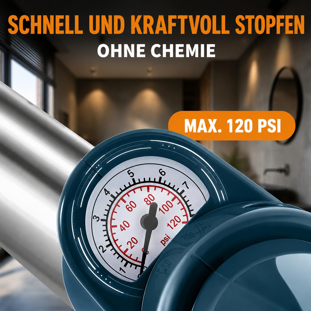 Professioneller Luftdruck Pumpe Entstopfen - 4 Entstopfungsköpfe - WC Waschbecken Abfluss Kanalisation - Edelstahl - 0-8 Bar