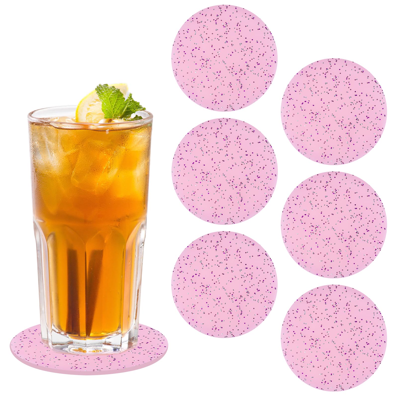 Crushed Diamond Acrylic Coaster, 6 Pieces, 3.7 Inch Round, Heat Resistant, Anti Slip, Durable Cup Mats for Home, Party, Festival Decoration (Pink)