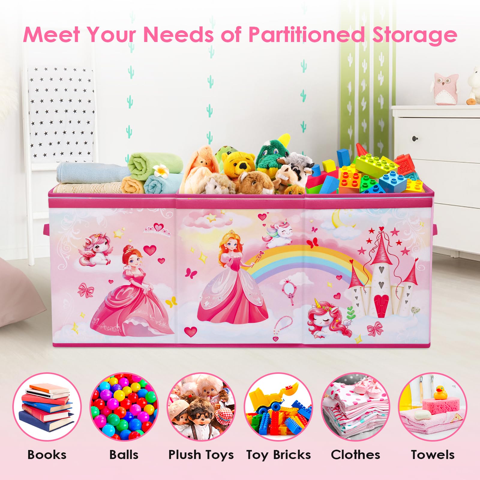 Scatola di Giocattoli Large con Coperchio Ribalta per Bambini, Contenitore Porta Giochi Pieghevole Oxford, Baule Portagiochi Impermeabile Robusto per Ragazze Ragazzi, 96×32×40cm (Principessa Unicorno)