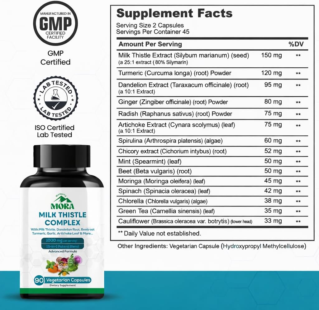 Milk Thistle Complex 1000mg | 15-in-1 Liver Support Supplement | 80% Silymarin with Dandelion Root, Turmeric & Artichoke Extract | Liver Health, Detox & Digestion Support | 90 Vegan Capsules