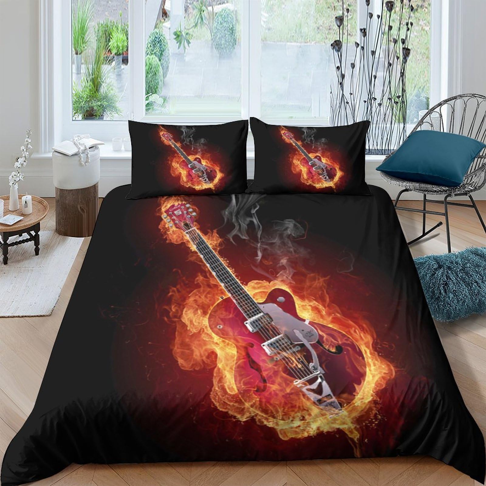 Ctjqhvkz Style-1 3D Printed Flaming Guitar Fitted Sheet Microfiber Soft Black Fire Bed Cover For Bedroom Guest Room Decor Mattress Protection Single（135X200cm）