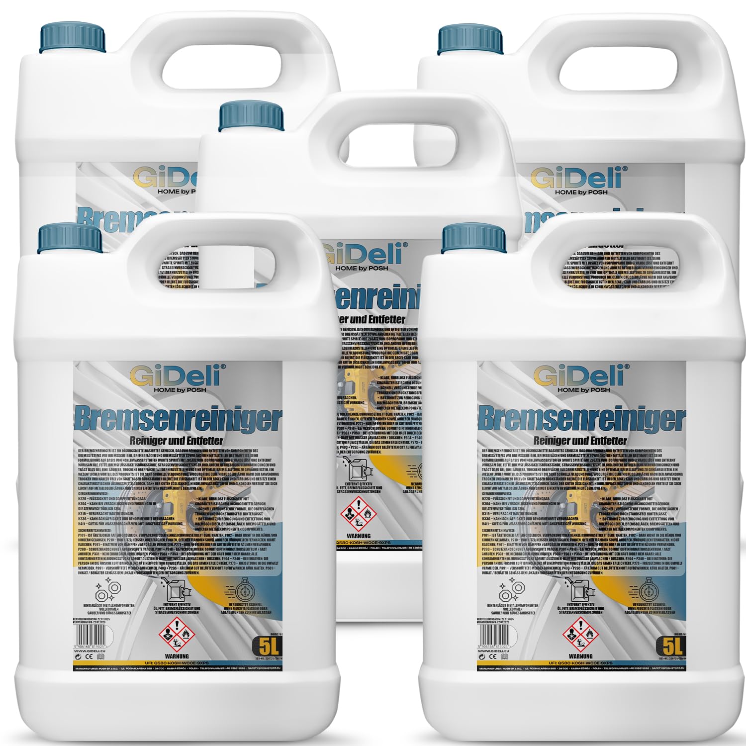 GiDeli Bremsenreiniger 5x5L Kanister - für Auto, Motorrad & Fahrrad - entfernt Öl, Fett, Bremsstaub, Klebereste - Werkstatt-Entfetter, schnell trocknend, rückstandsfrei