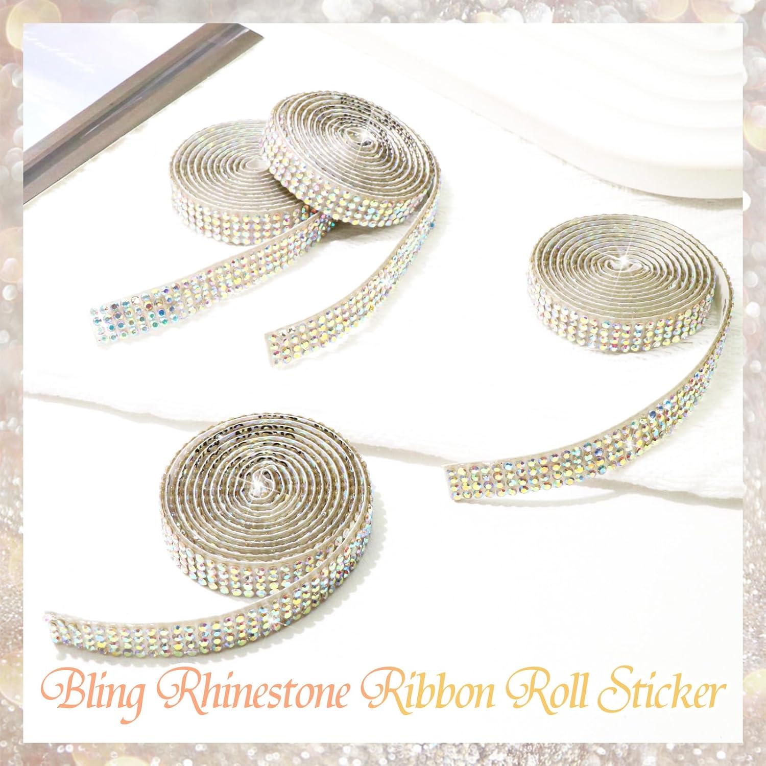 FULZTEY Crystal AB Rhinestone Ribbons 0.9 cm Width Diamond Strip Sticker